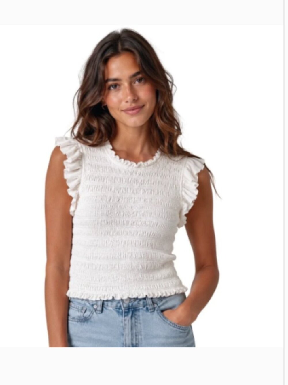 Veronica Beard White Smocked Ruffle Sleeve Shell